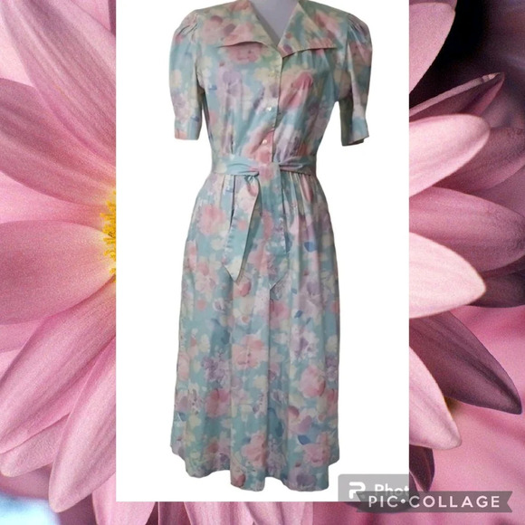 Vtg 80s Lili Richard's Aqua Lavendar Pink Floral Button Down Floral Dress - Picture 1 of 16